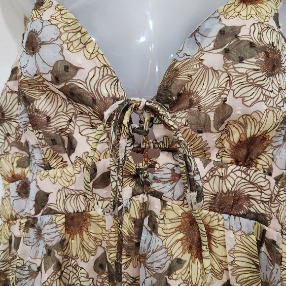 Beyond Words Mini Dress Flutter Shoulder Ruffle Tiered Floral Brown Size Medium - Picture 6 of 11